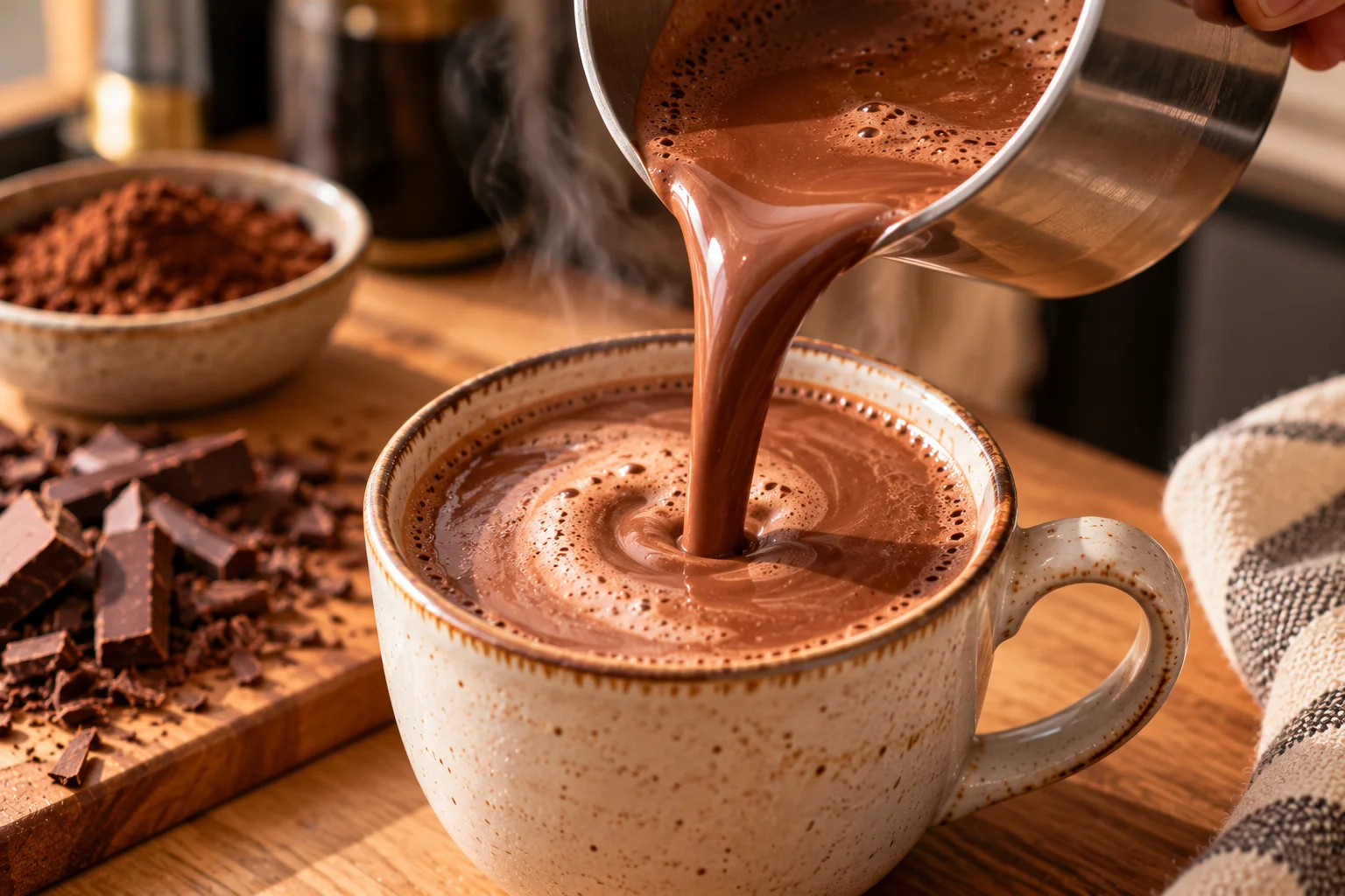 Rich, silky hot chocolate with velvety foam made to order at Sayfani