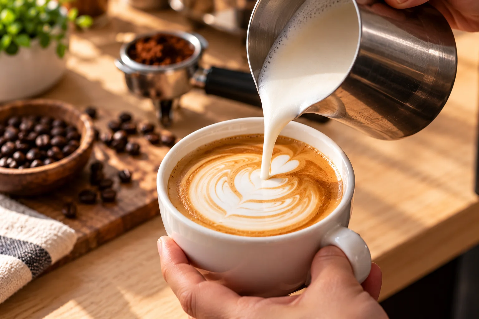 Barista steaming milk to velvety microfoam for a latte at Sayfani