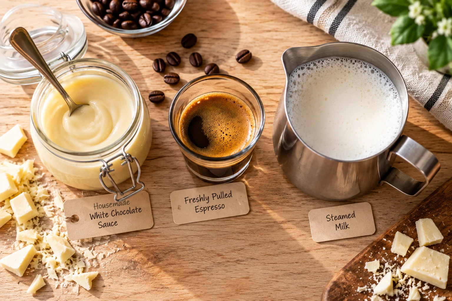 Sayfani white mocha made with housemade white chocolate sauce and fresh espresso