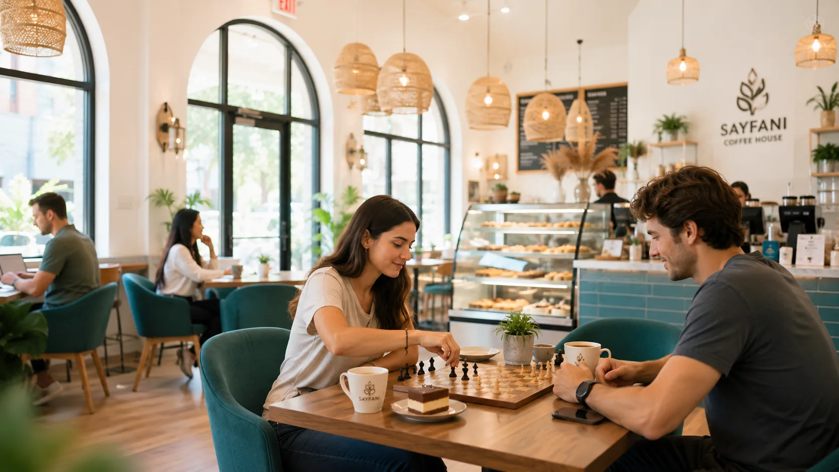 Inside Sayfani Coffee House Coppell TX customers enjoying Yemeni coffee and board games