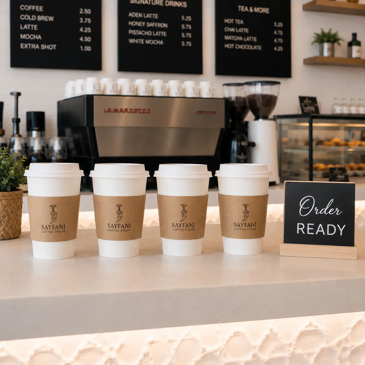 Takeaway coffee cups ready for pickup at Sayfani