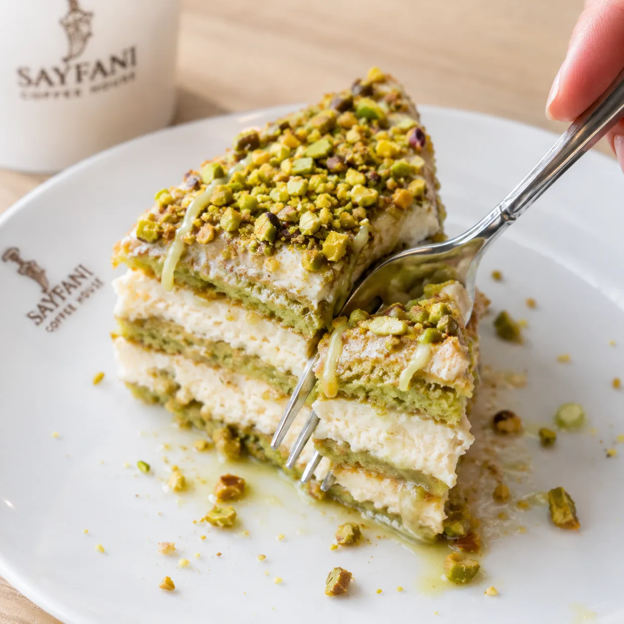 Pistachio milk cake slice with cream layers at Sayfani Coffee House