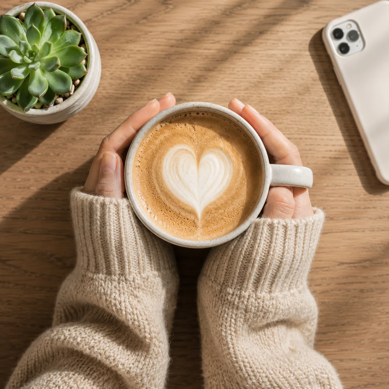Hands wrapped around a warm latte on a cozy morning at Sayfani