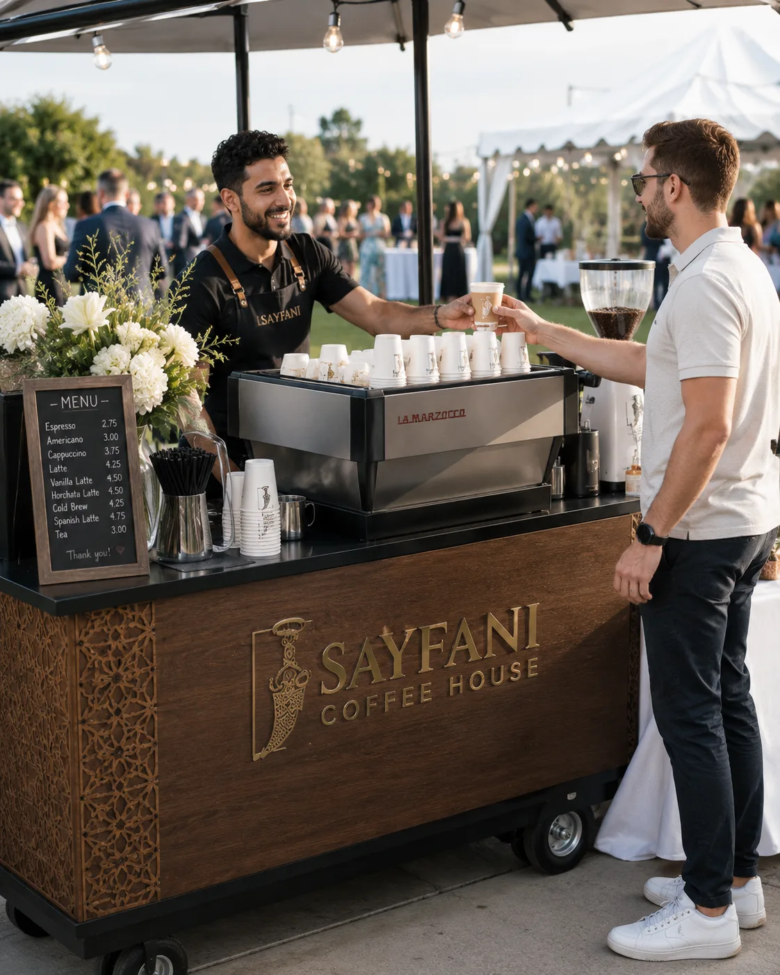Sayfani Coffee House mobile catering setup at a DFW event — espresso bar ready to serve